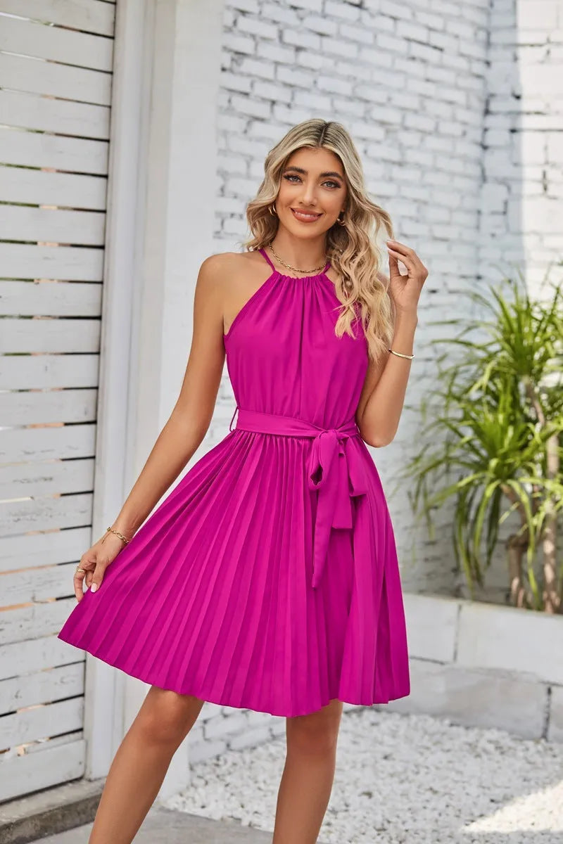 Women's halter strapless chiffon dress with pleated skirt and adjustable waist tie in multiple colour options