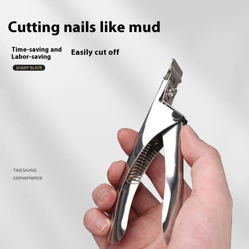 Stainless steel U-shaped nail art scissors in electrophoresis black and titanium finishes for French manicure tips.