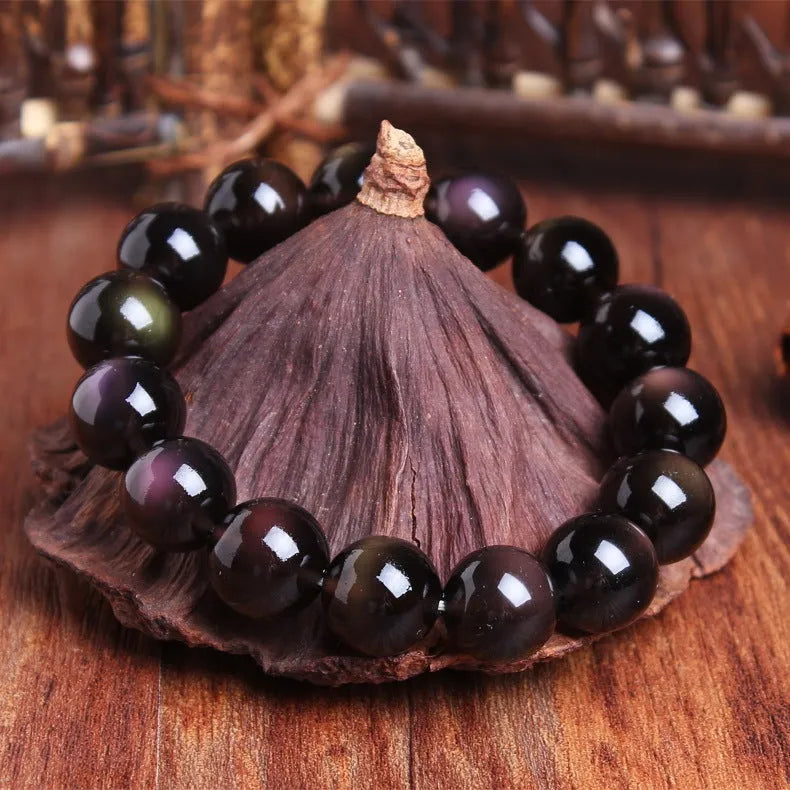 Natural Icy Obsidian crystal Pi Xiu bracelet with geometric beads in ethnic style