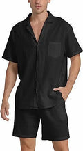 Men's flax linen short-sleeve top and shorts sports suit set on a hanger, shown in army green colour.