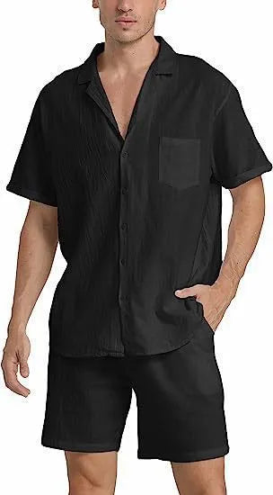 Men's flax linen short-sleeve top and shorts sports suit set on a hanger, shown in army green colour.
