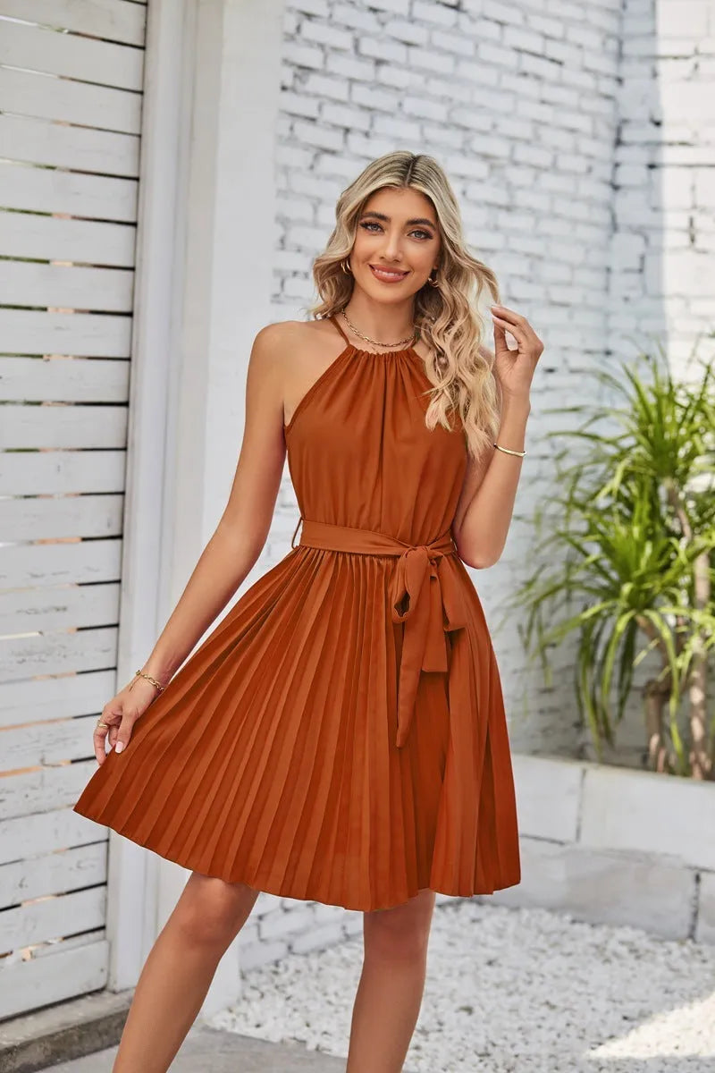 Women's halter strapless chiffon dress with pleated skirt and adjustable waist tie in multiple colour options