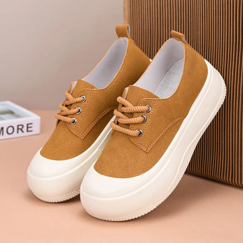 Women's camel suede platform loafers with round toe and front lace-up, 4cm height increase