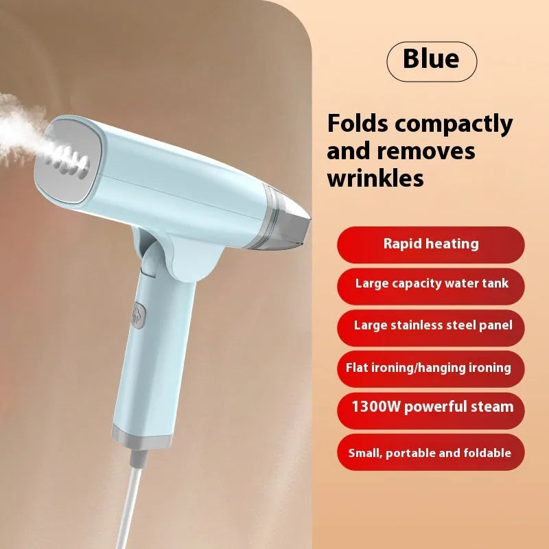 Blue and white handheld garment steamer with hanging iron attachment on wooden surface