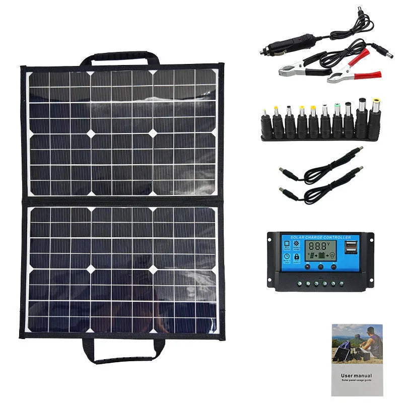 Black folding solar panel bag showing 40W single crystal cells and compact 425mm folded dimensions