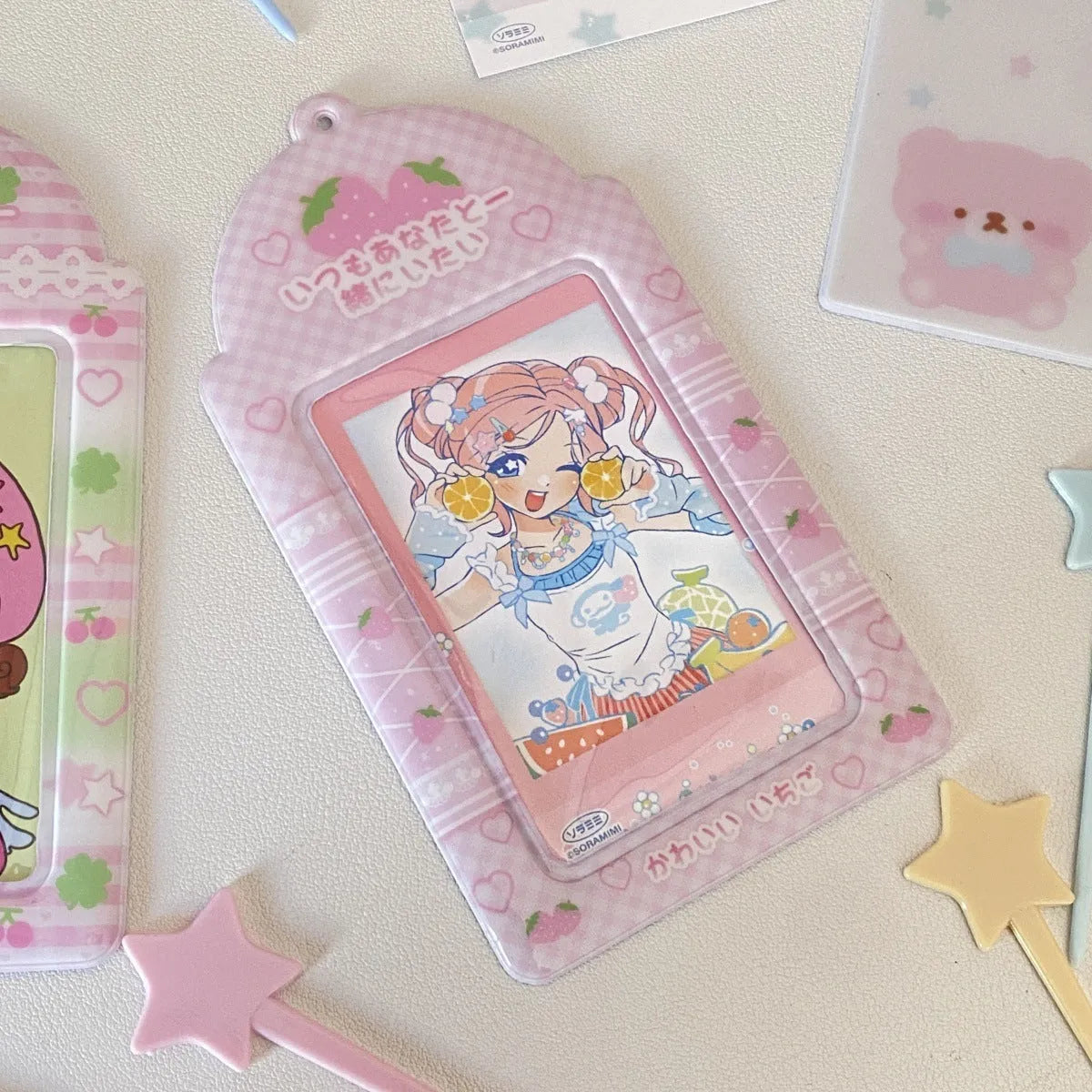 Cartoon PVC card holder with strawberry or four-leaf clover design for meal cards and ID badges