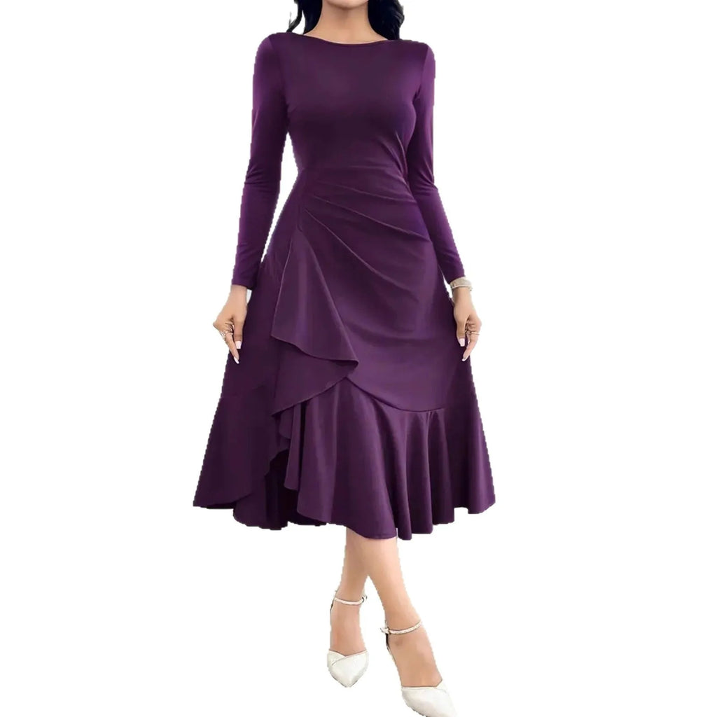 Purple women's long sleeve dress with ruffles, round neck, and mid waist.