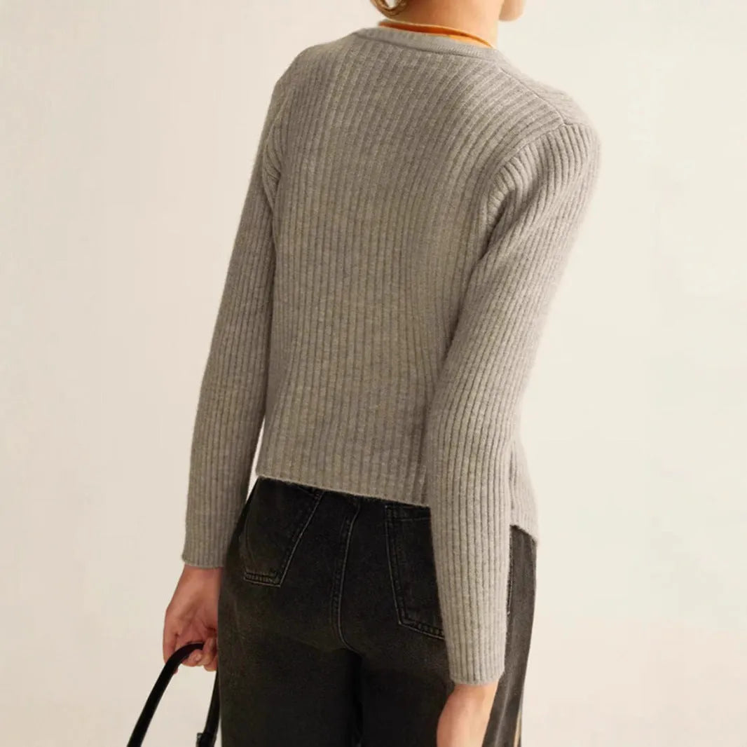 Silver and red yuan collar loose fit polyester cardigan for autumn winter wear.