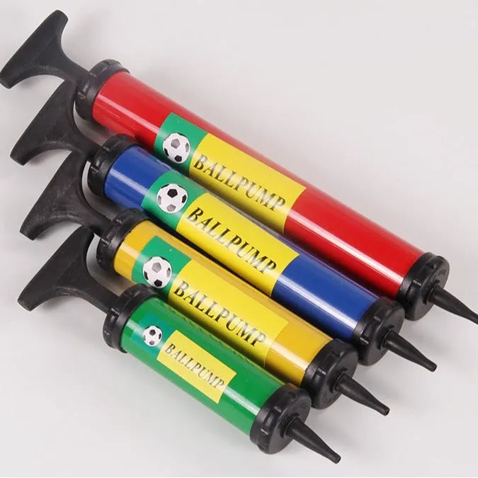 Mixed colour plastic manual hand pump for inflating basketballs, footballs, volleyballs, and balloons.