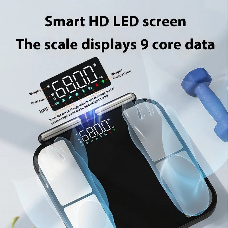 Black electronic body fat scale with tempered glass platform showing colour screen display