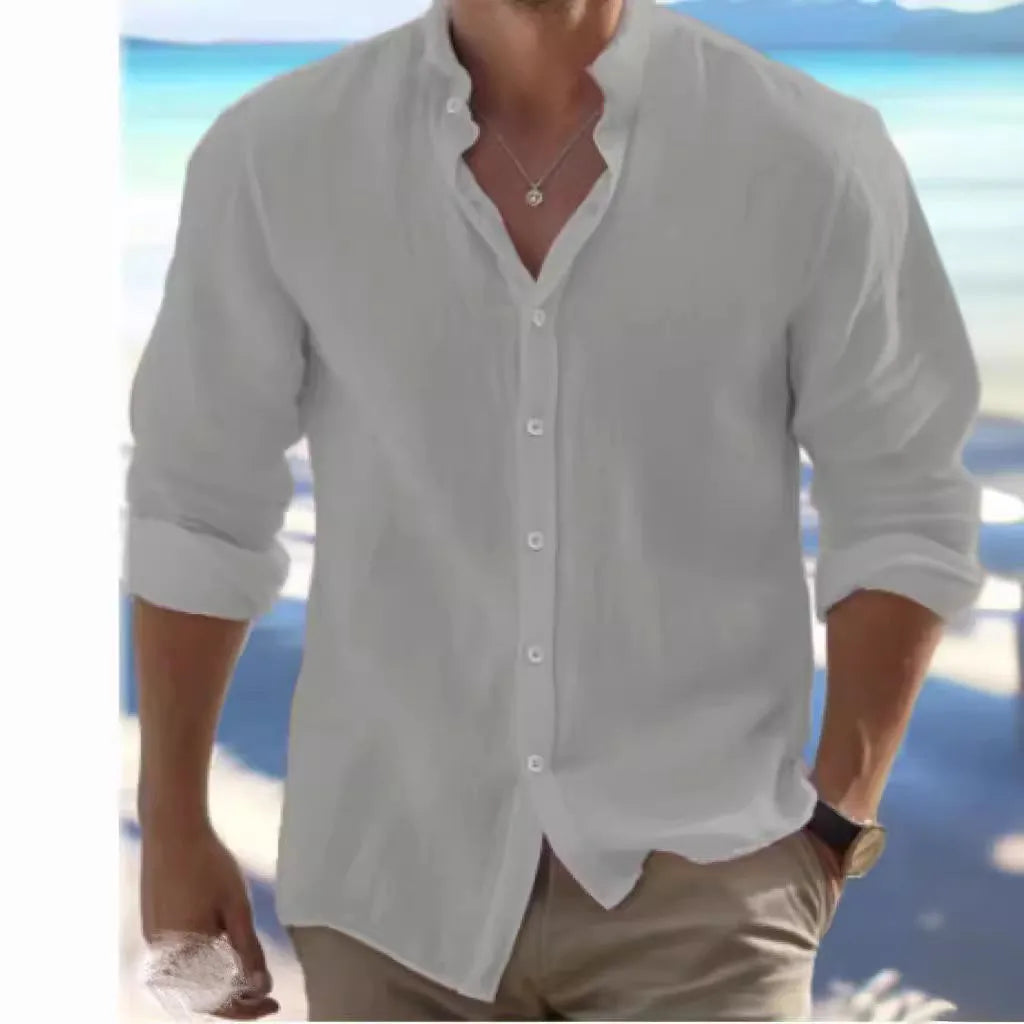 Men's long-staple cotton button summer shirt with pullover collar in various colours.