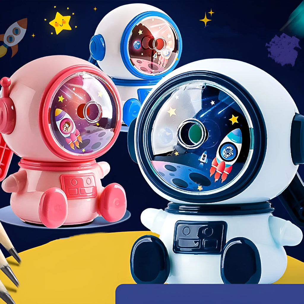 Blue astronaut cartoon manual pencil sharpener for children with adjustable sharpening levels