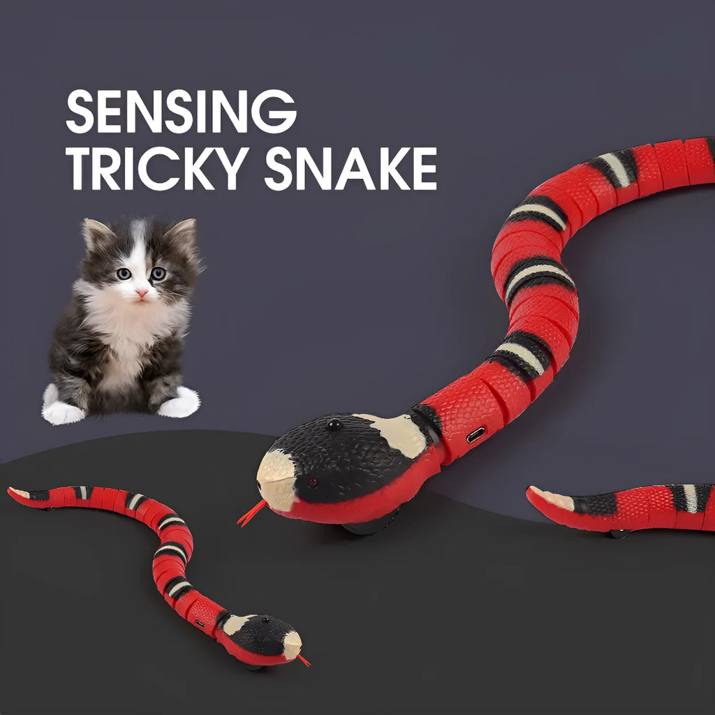 Smart sensing interactive snake cat toy with segmented plastic body and USB charging port