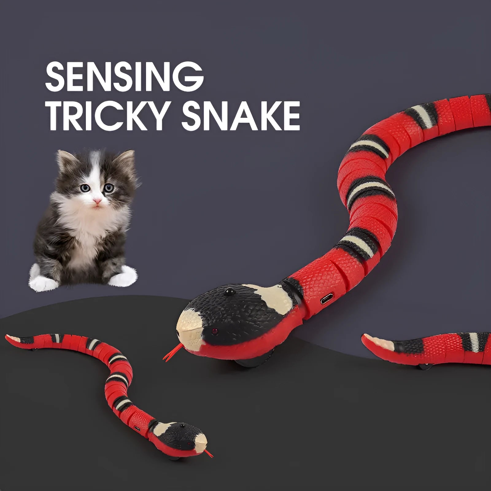 Smart sensing interactive snake cat toy with segmented plastic body and USB charging port