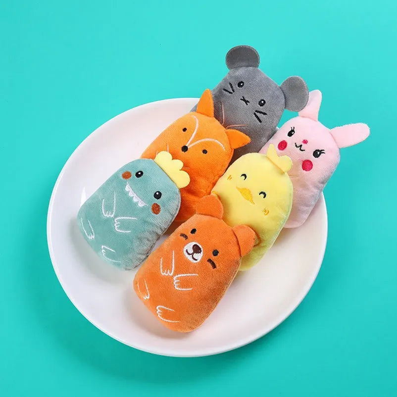 Small plush cat toy with catnip for teeth grinding and chewing play, measuring 11cm long in various animal designs and colours