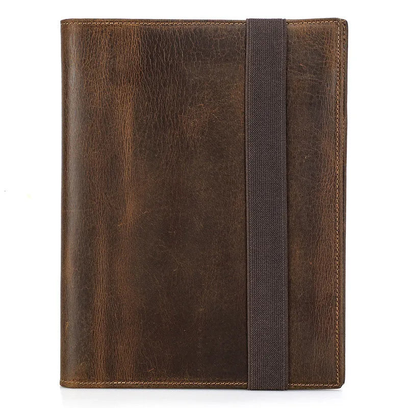 Brown Crazy Horse leather A5 notebook protective sleeve with square socket type design.
