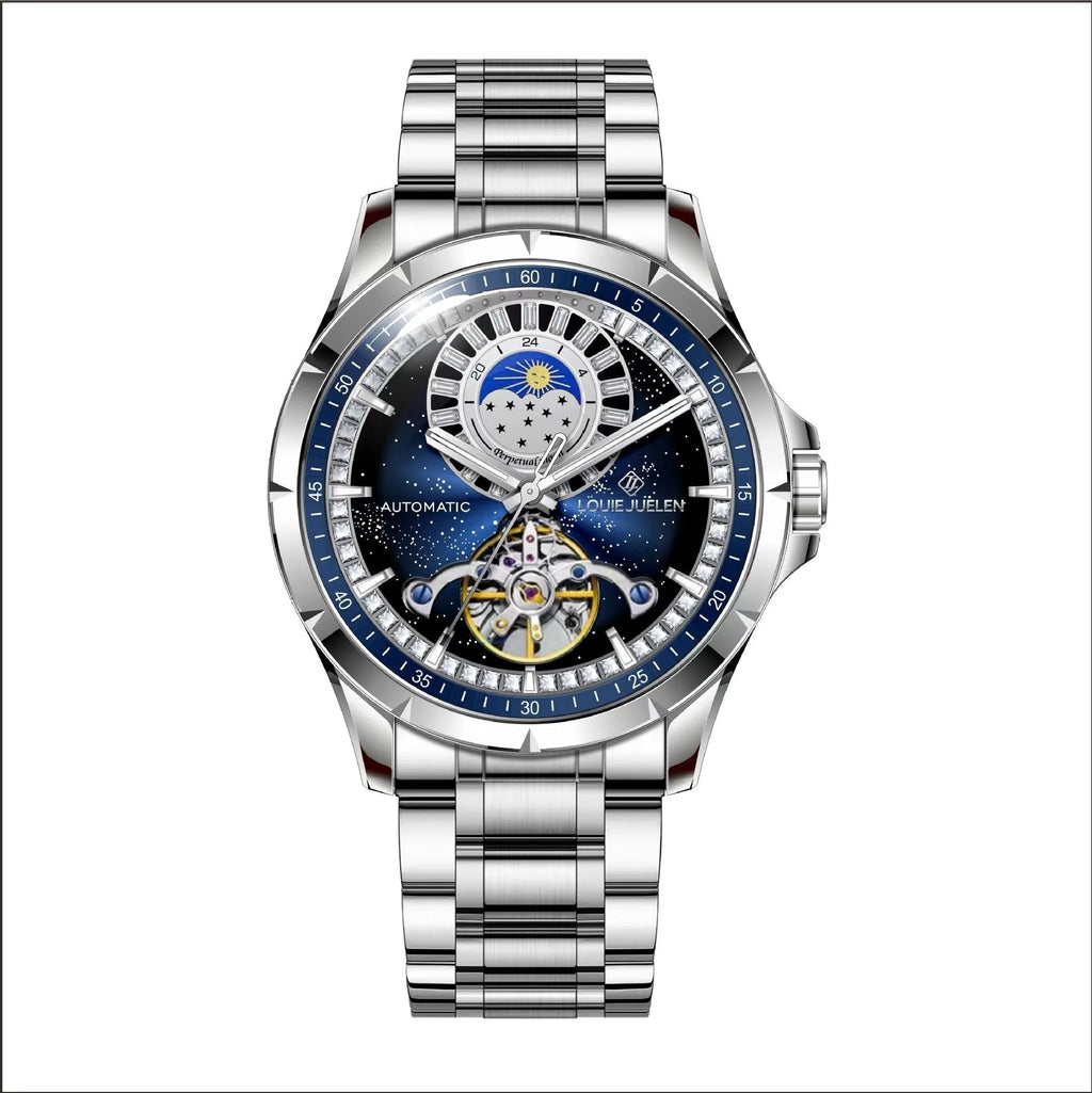 Silver alloy case automatic mechanical watch with blue dial, stainless steel strap, and transparent case back for men
