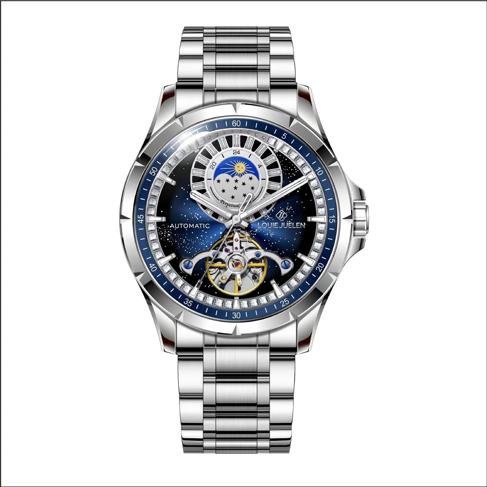 Silver alloy case automatic mechanical watch with blue dial, stainless steel strap, and transparent case back for men