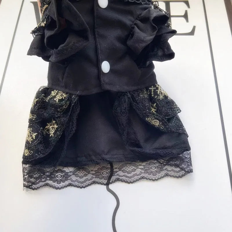 Golden gothic princess style skirt for a small dog or cat on a mannequin.