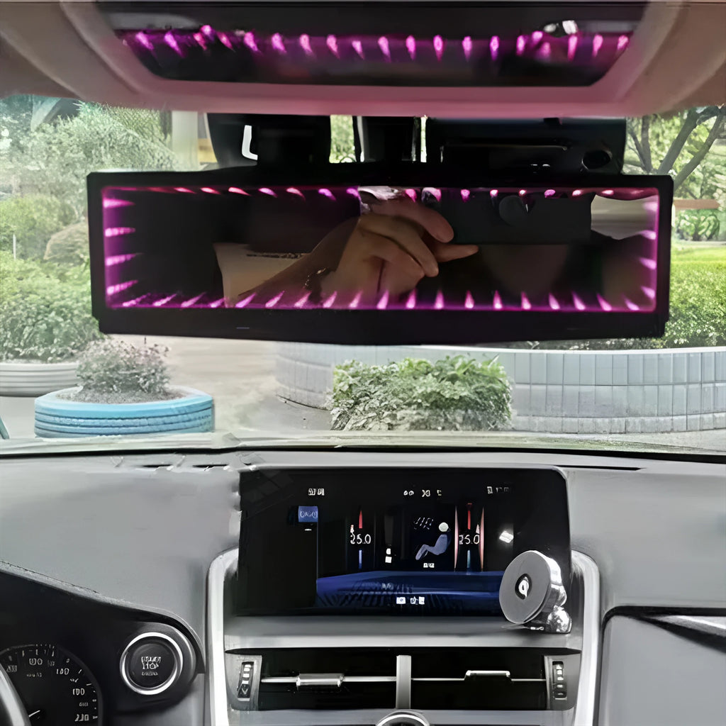 Wide 280mm flat car rearview mirror with anti-glare coating and colourful LED edge lighting in blue.