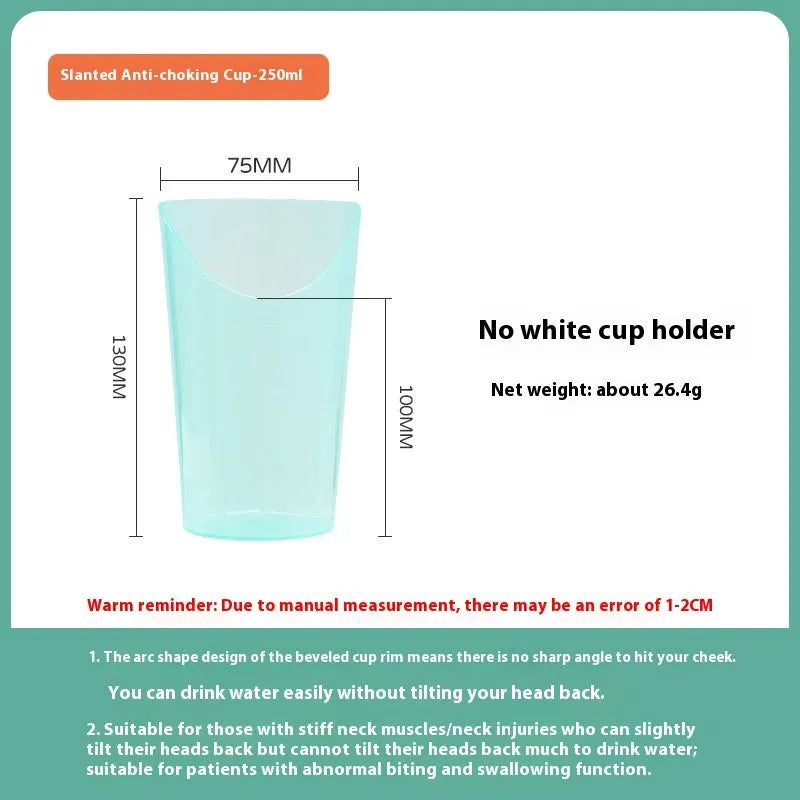 Adult care bed drinking cup with handle and lid, shown in oblique mouth choke proof style