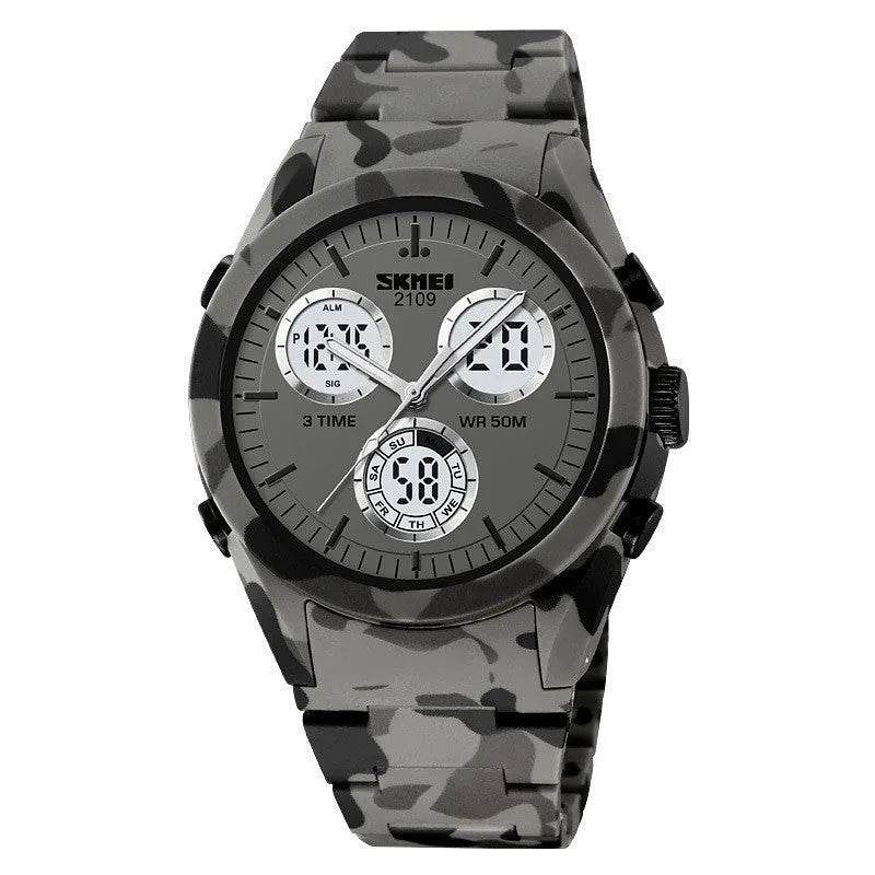 Electronic casual watch with a 50m waterproof rating shown in various colours including camouflage, on a flexible TPU strap.