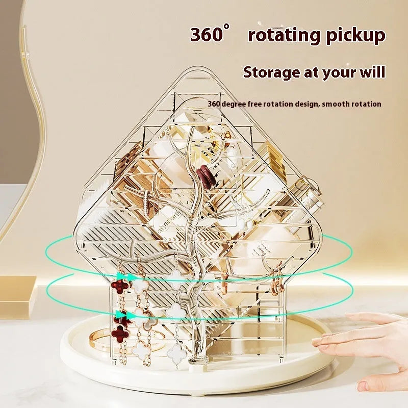Rotating cosmetics storage box with clear plastic construction and 360-degree rotation feature