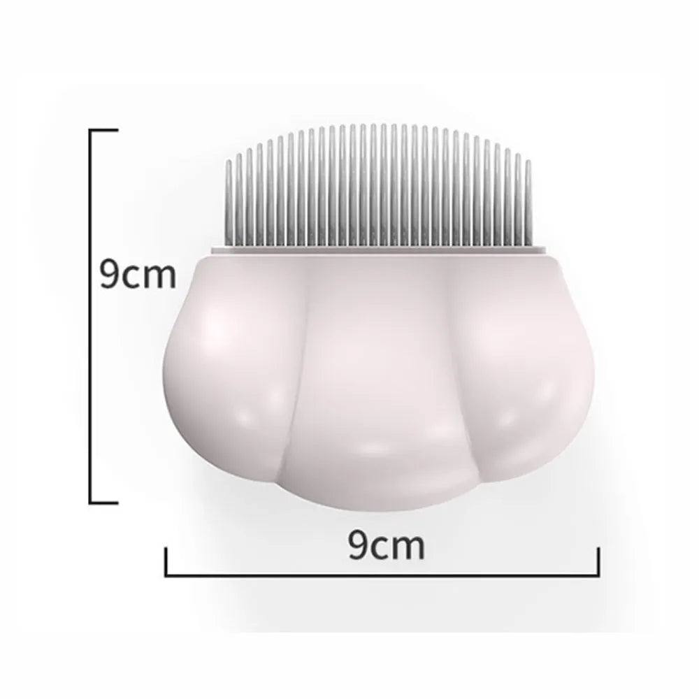 Paw Soft deshedding brush for cats and dogs in blue, pink, or white, shown with dimensions of 9cm by 9cm.