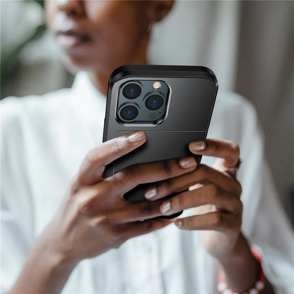 Sliding card wallet phone case in matte finish showing card slot and raised camera protection for iPhone