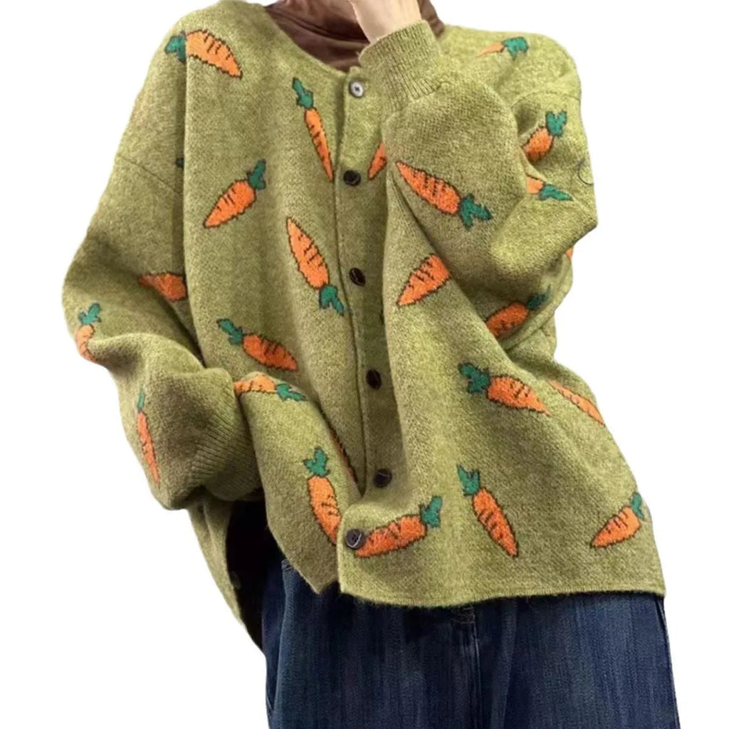 Mori artistic printing loose cardigan sweater with colour contrast design