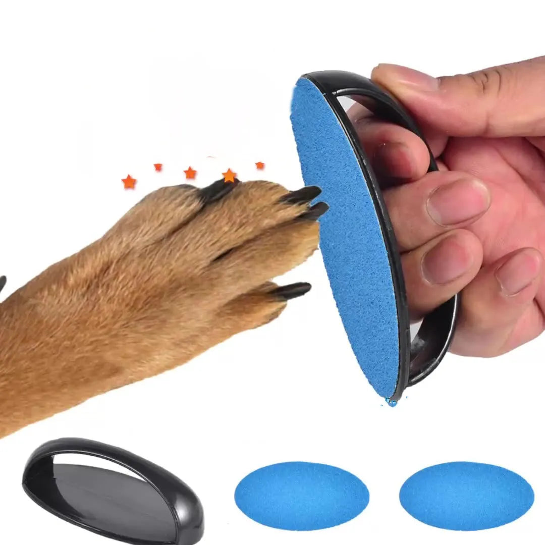 Square blue dog nail file scratch board with ergonomic handle on a white background.