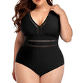 Black plus size women's bikini swimsuit with print pattern, showing front and back view.