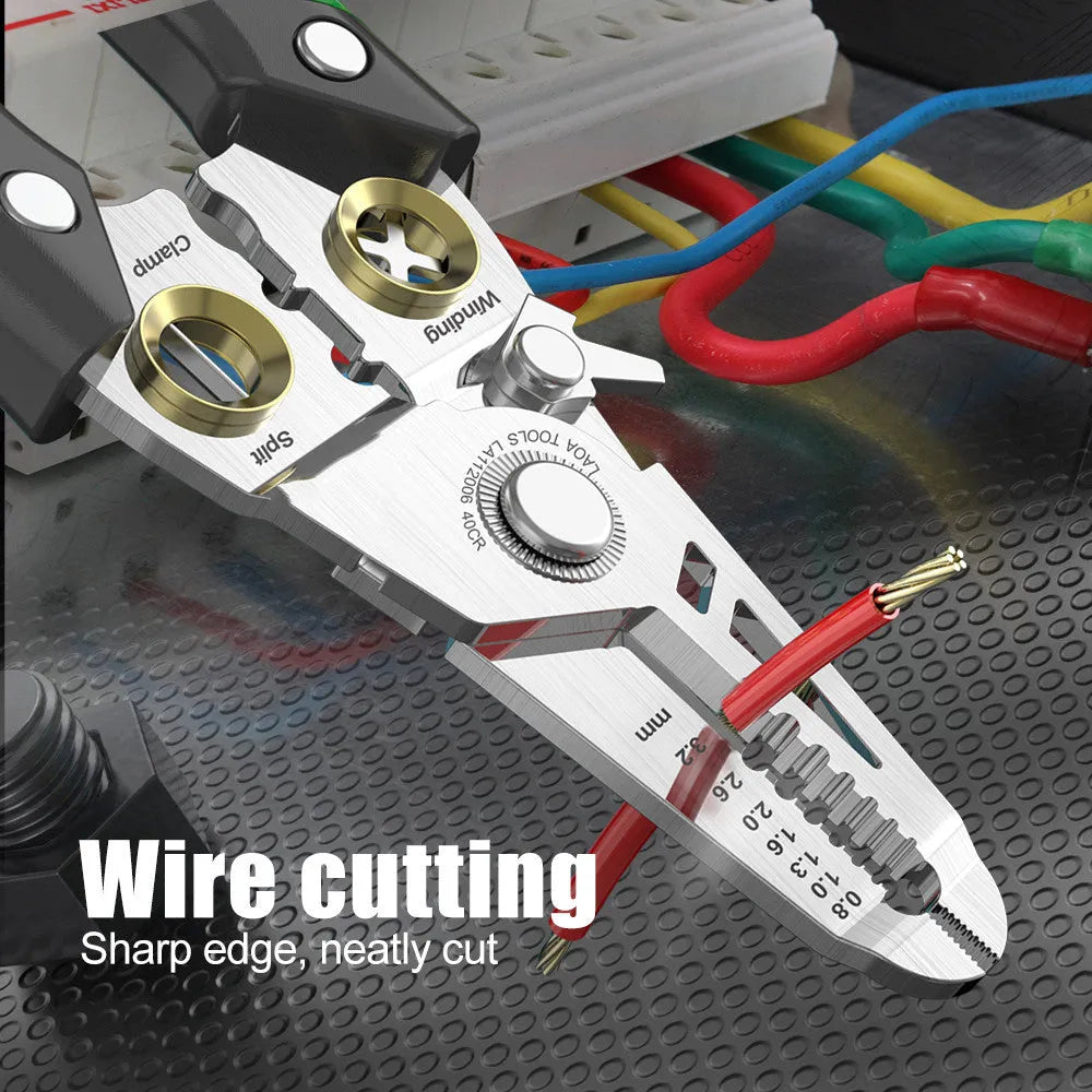 Stainless steel 7-in-1 wire stripper tool with two-colour ABS handle for 0.8mm to 3.2mm cables