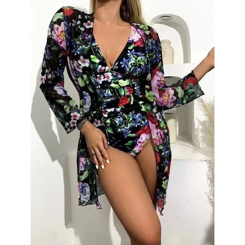 Women's floral pattern bikini three-piece swimsuit set with matching chiffon coat in one of seven colours