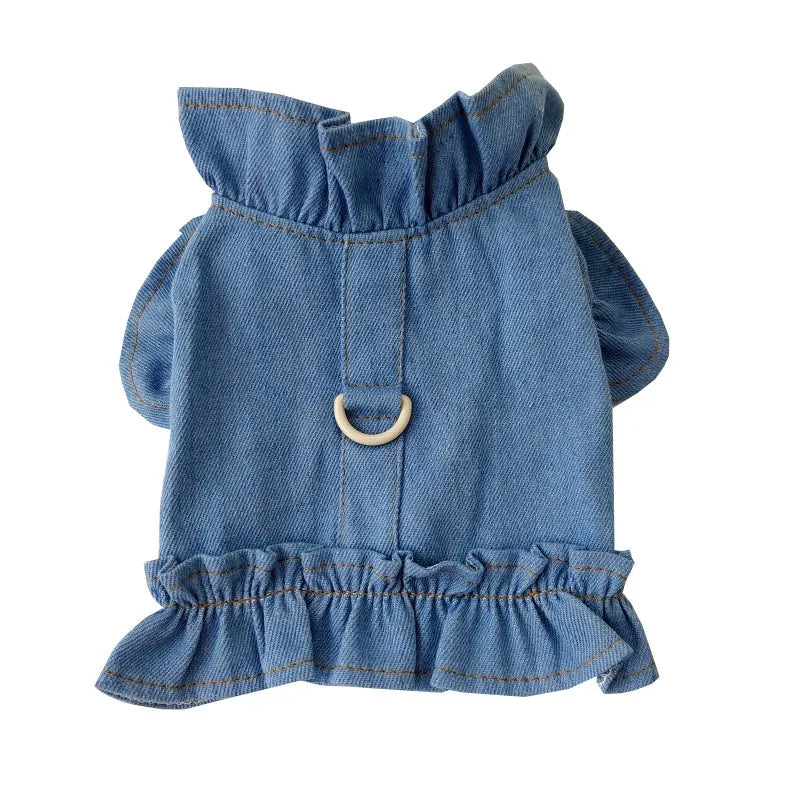 Denim pet dress with ruffles vest design and leash hooks for dogs and cats in blue