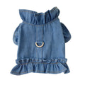 Denim pet dress with ruffles vest design and leash hooks for dogs and cats in blue
