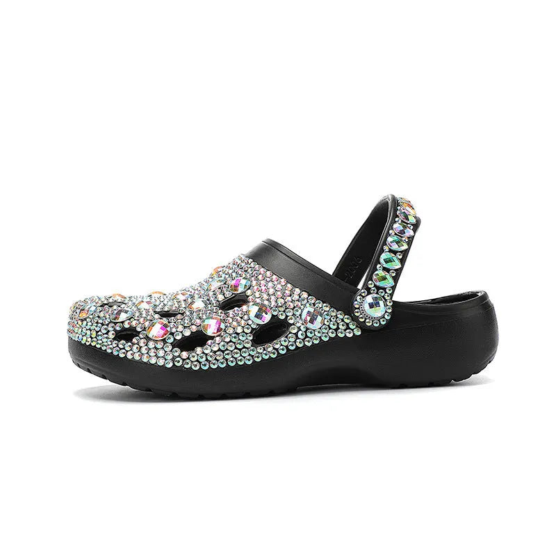 Black platform sandals for women with rhinestone decorations and hole-patterned EVA upper
