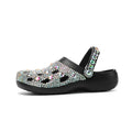 Black platform sandals for women with rhinestone decorations and hole-patterned EVA upper