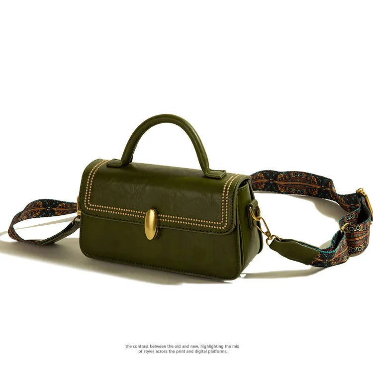 Retro PU messenger bag for women in square vertical shape with sewing thread detail and multiple colour options