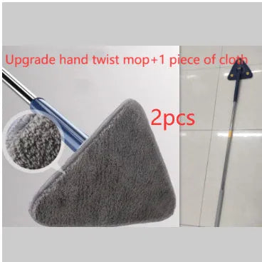 Blue extendable triangle cleaning mop with rotating head on stainless steel pole.