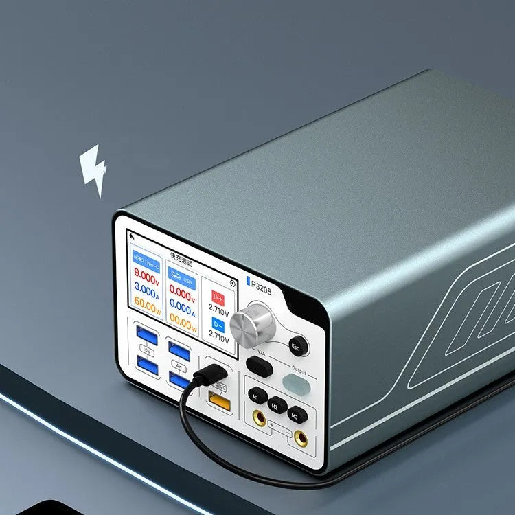 320W smart voltage regulator power meter with blue case and 3-inch IPS display on bench.
