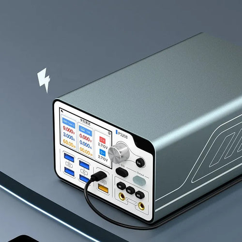 320W smart voltage regulator power meter with blue case and 3-inch IPS display on bench.