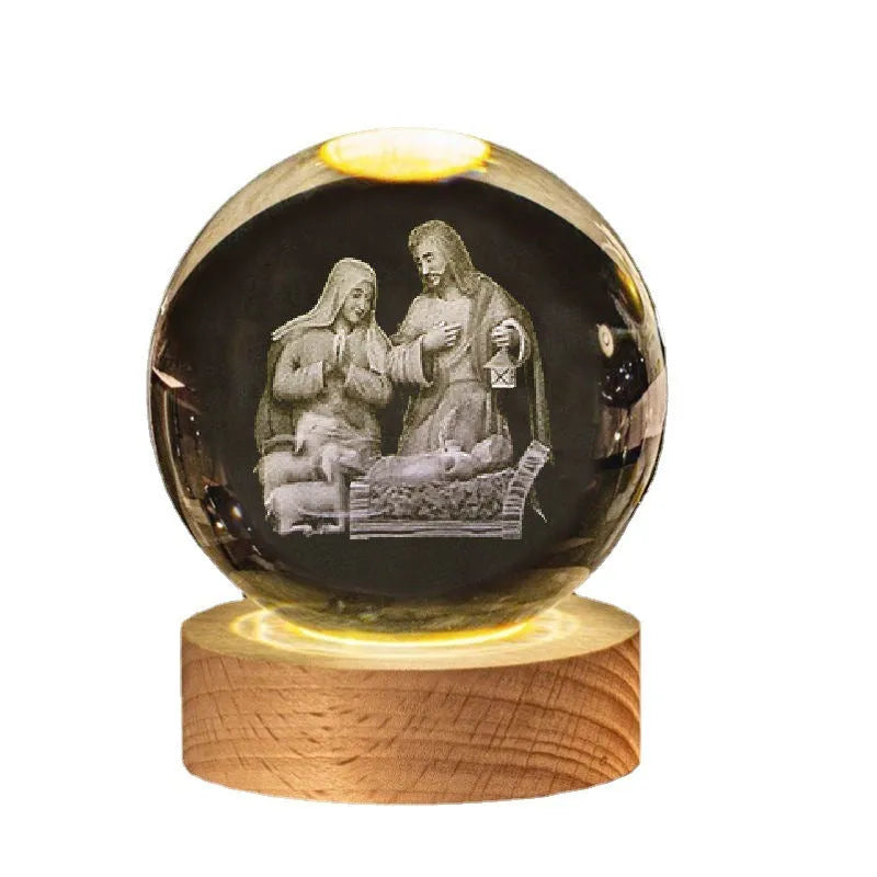 White crystal ball on solid wood warm light base decorative desk ornament
