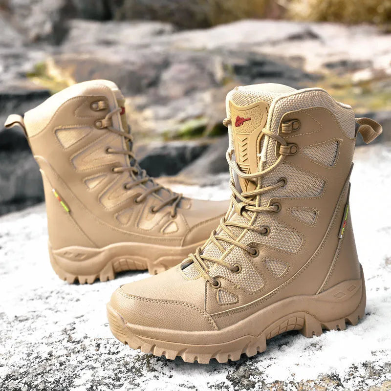 Men's beige cowhide leather hi-top hiking shoes on a rocky outdoor trail
