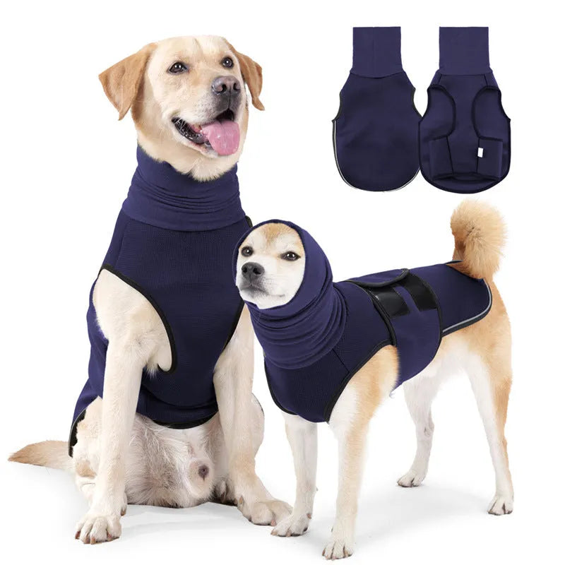 Polyester dog anti-anxiety jacket in army green or dark blue available in seven sizes from XS to XXXL