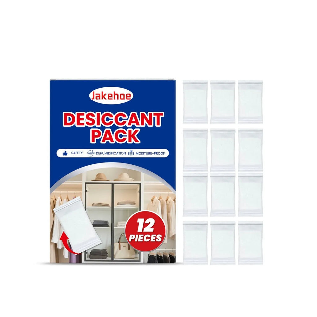 Pack of 12 anti odor desiccant units for household moisture control with calcium chloride.