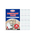 Pack of 12 anti odor desiccant units for household moisture control with calcium chloride.