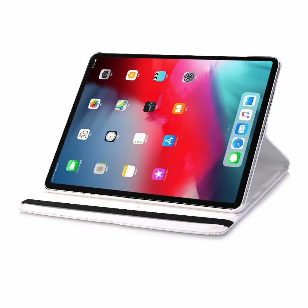 iPad rotating protective sleeve in imitation leather, showing clamshell design in solid colour options like black, blue, or pink.