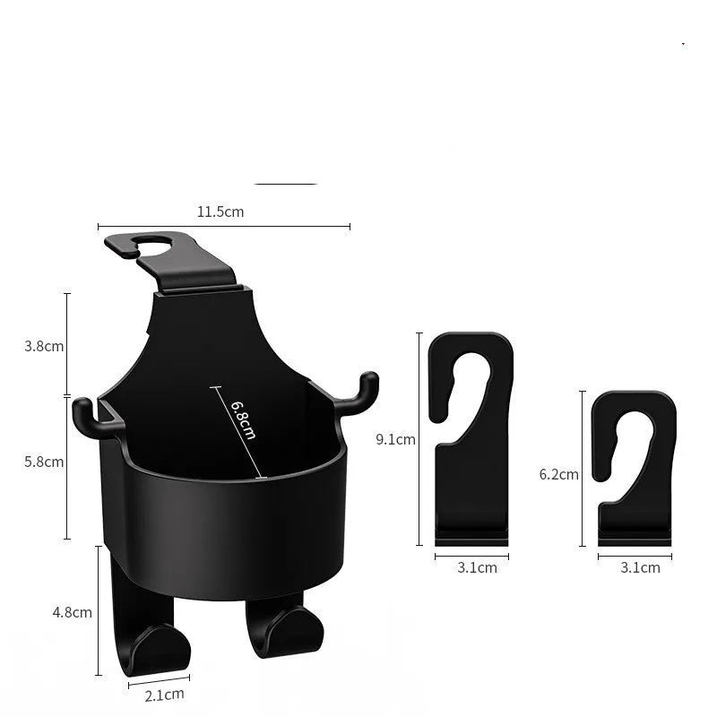 Black plastic car hook seat back organiser with cup holder and hook