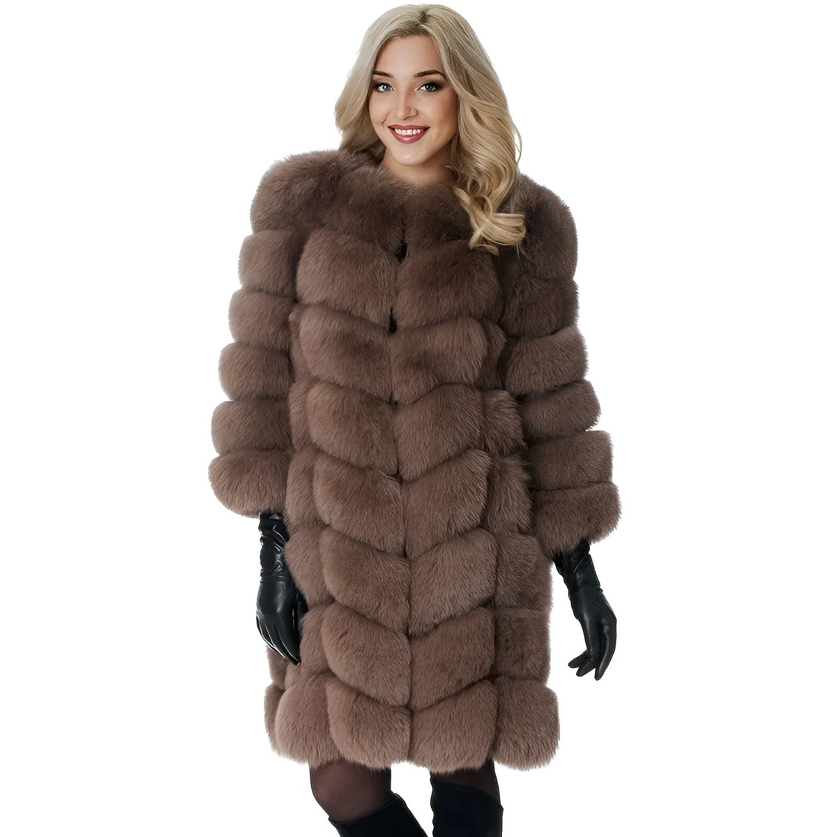 Women's artificial fur coat in apricot colour with regular sleeves and 80cm length